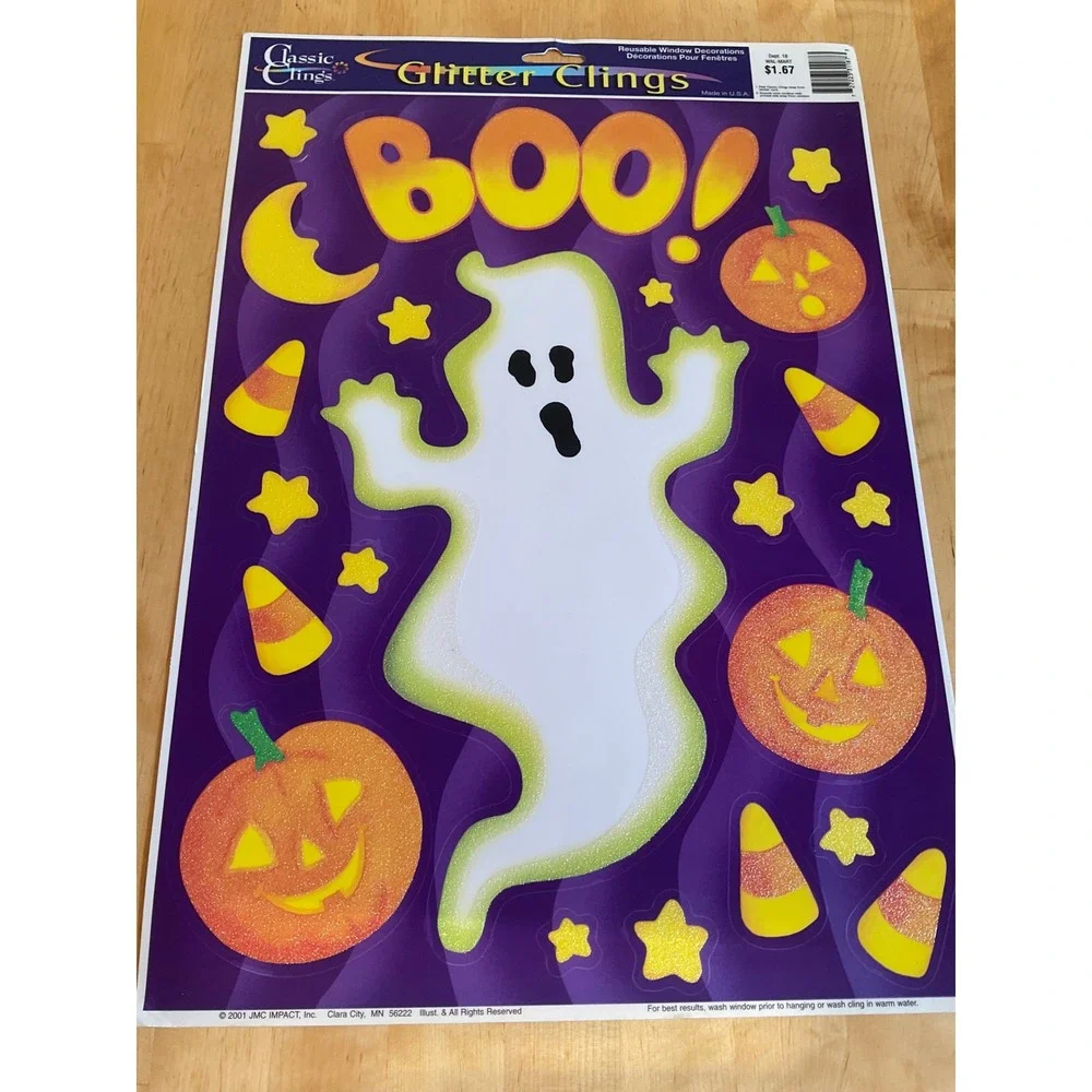 Vintage 2001 Classic Clings Halloween Glitter Window Decals Ghost Pumpkin 2 Pack